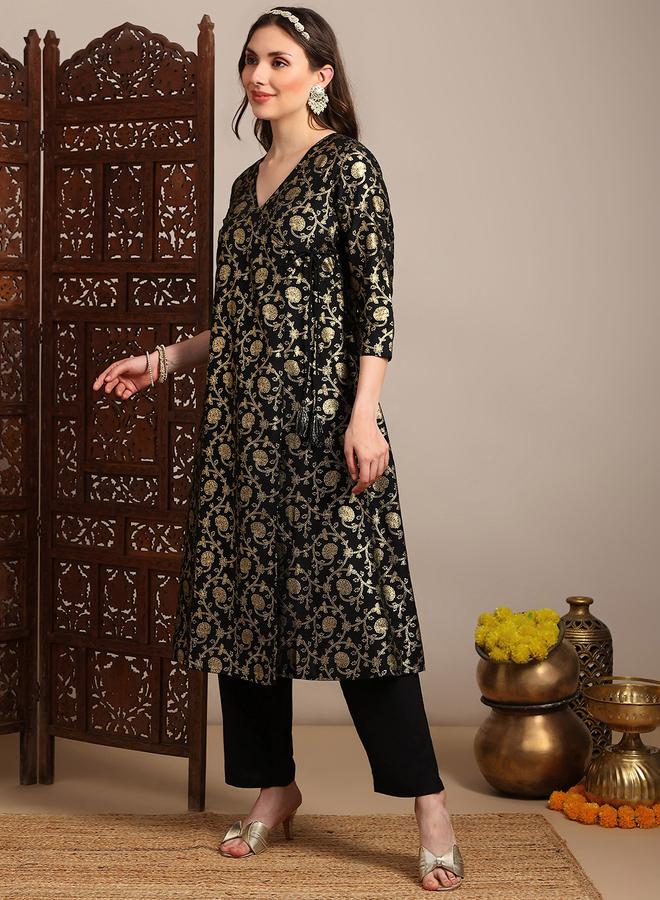 globus Women Black Gold Foil Floral Print Kurta with Pants Set - Image 1